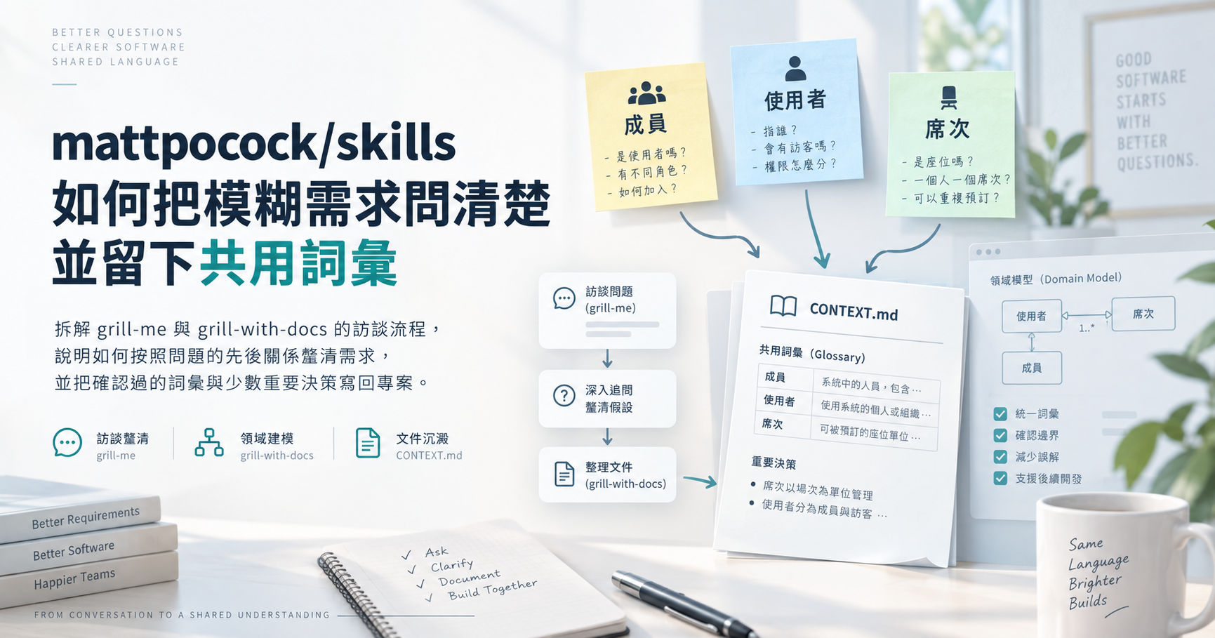 成員、使用者與席次三張便條指向 CONTEXT.md,呈現從訪談釐清需求到建立共用詞彙的流程